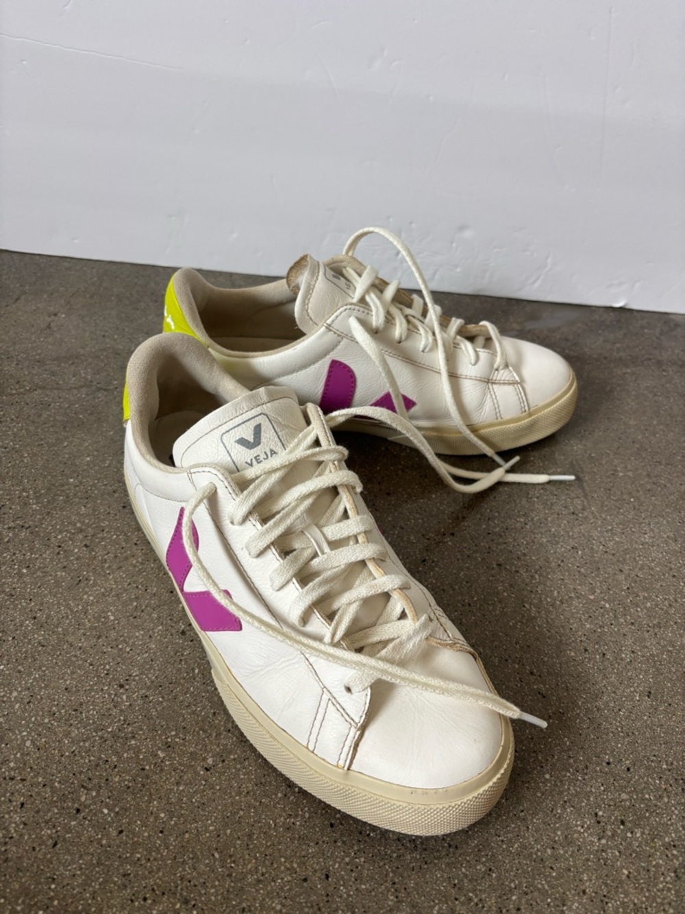 Veja Women’s Cream Leather Sneakers with Purple V and Yellow Heel